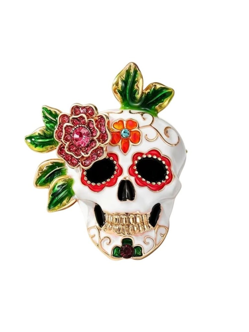 Sugar Skull Colorful Enamel Brooch Floral Design Gold Tone